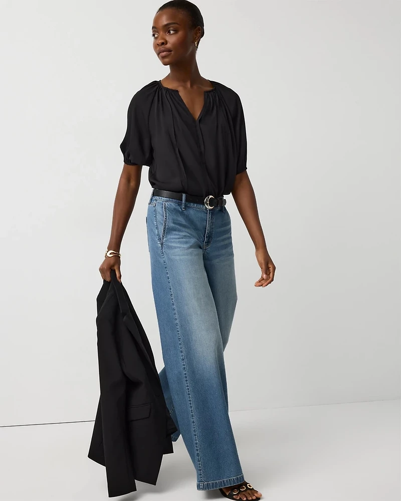 Elbow Sleeve V-neck Blouse