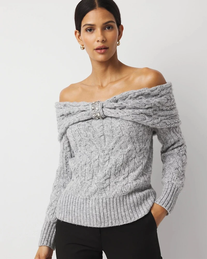 Off-The-Shoulder Rhinestone Cable Knit Sweater