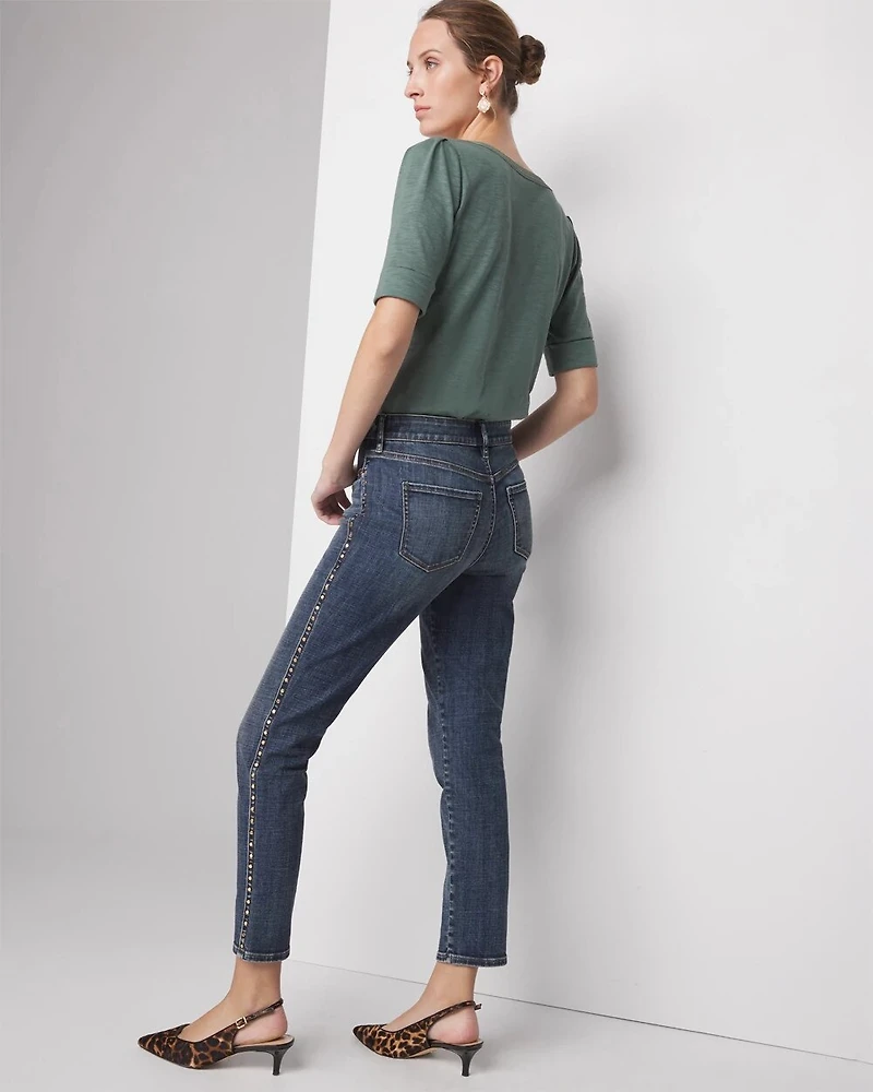Petite Mid-Rise Everyday Soft Denim Studded Girlfriend Jeans