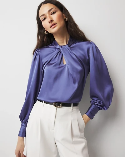 Long Sleeve Twisted Neck Satin Blouse