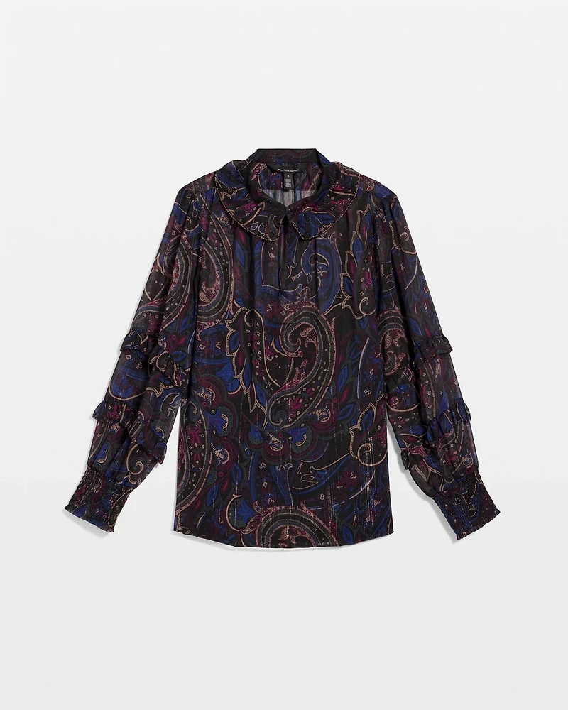 Jacquard Ruffle Sleeve Chiffon Blouse