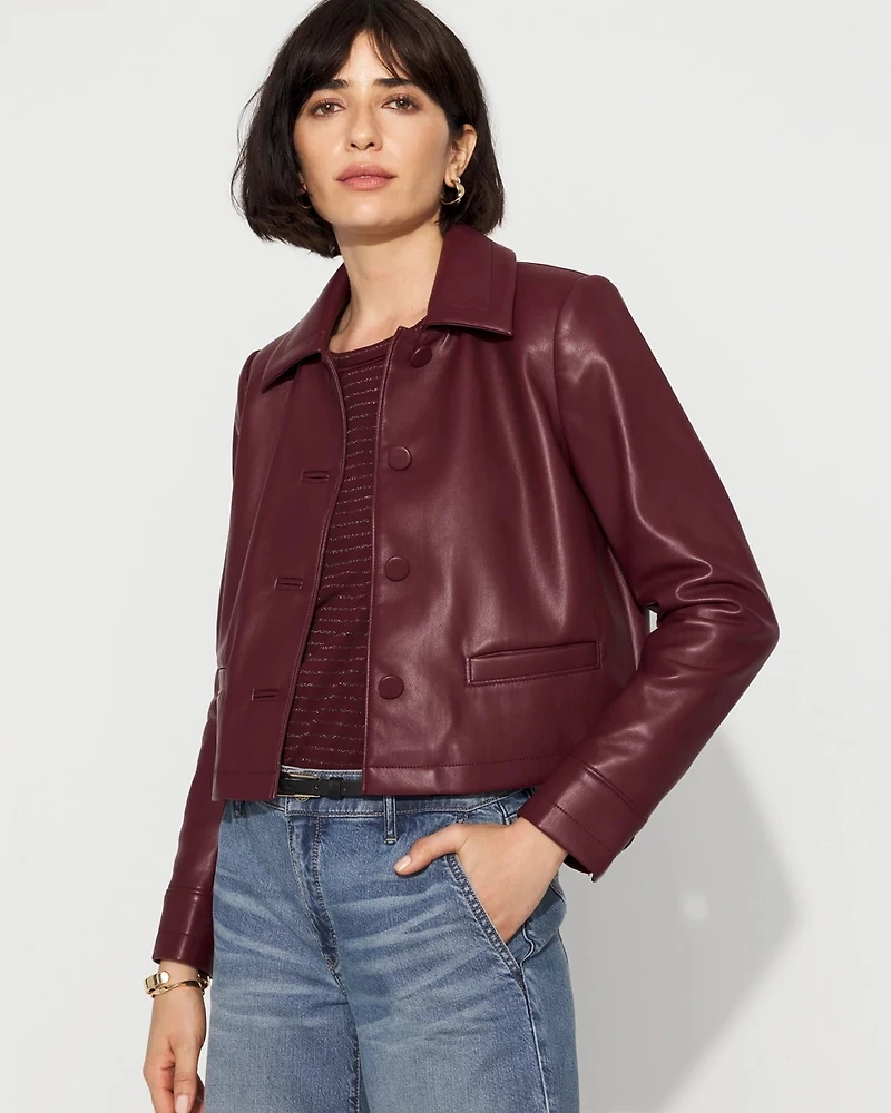 Button-Front Faux Leather Jacket