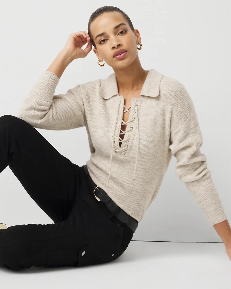 Lace Up Collared Sweater