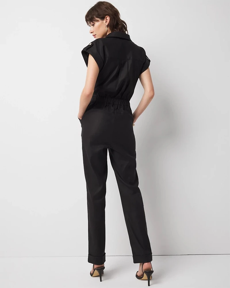 Petite Linen-Blend Short-Sleeve Utility Jumpsuit