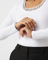 Rhinestone Scoop Neck Rib-Knit Tee