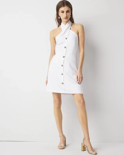 Petite Button-Front Halter Mini Dress