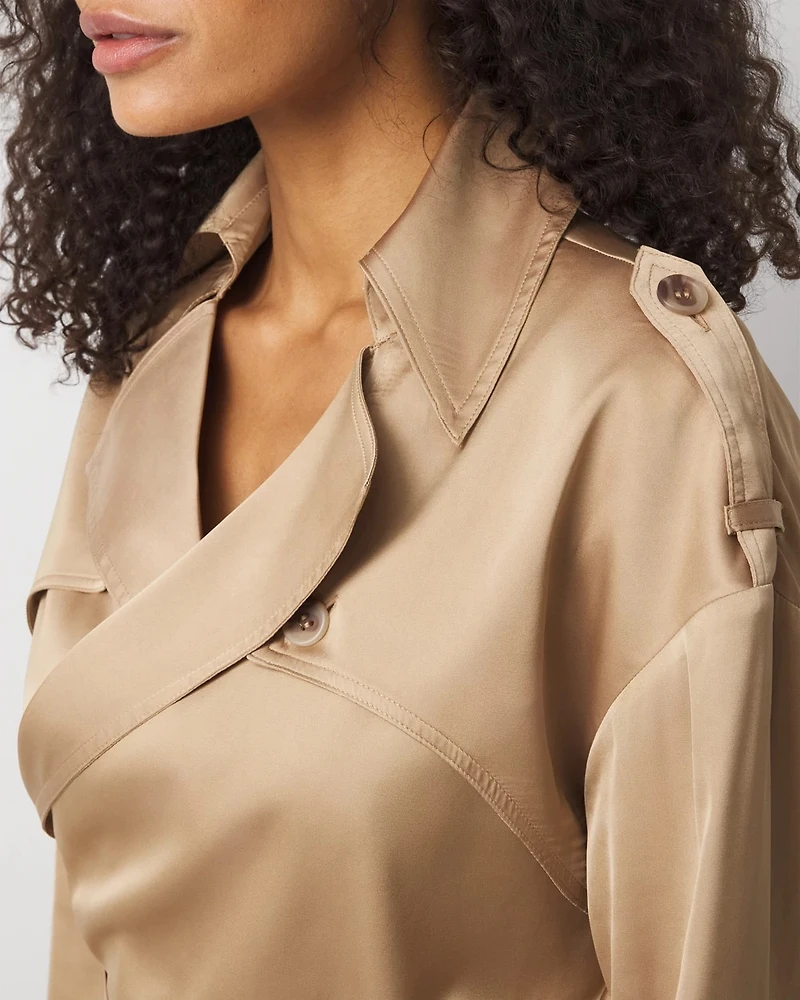 Satin Trench-Wrap Blouse