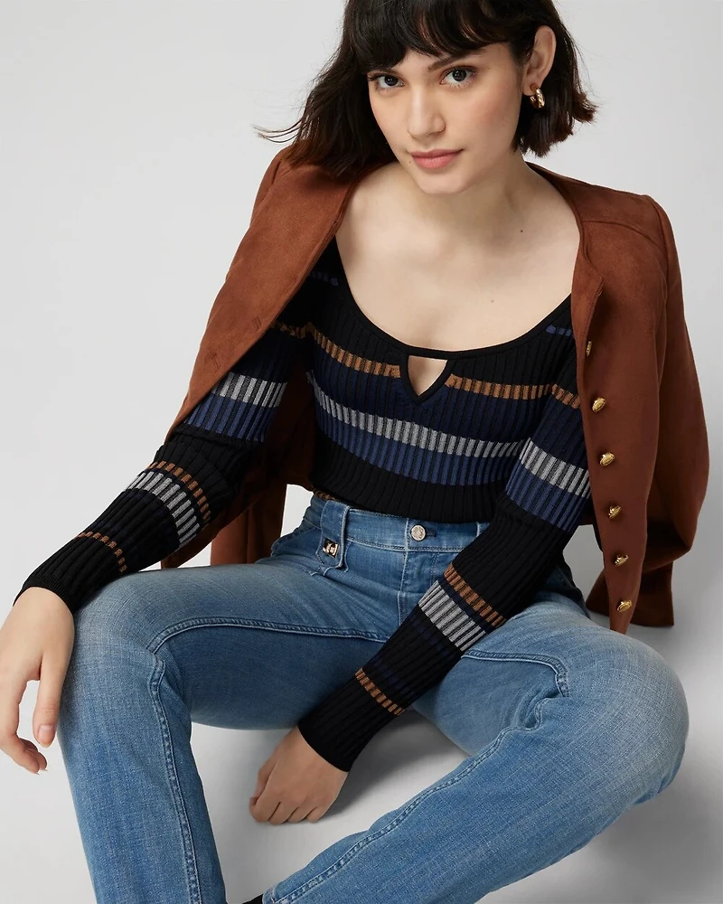 Long Sleeve Stripe Keyhole Pullover Sweater