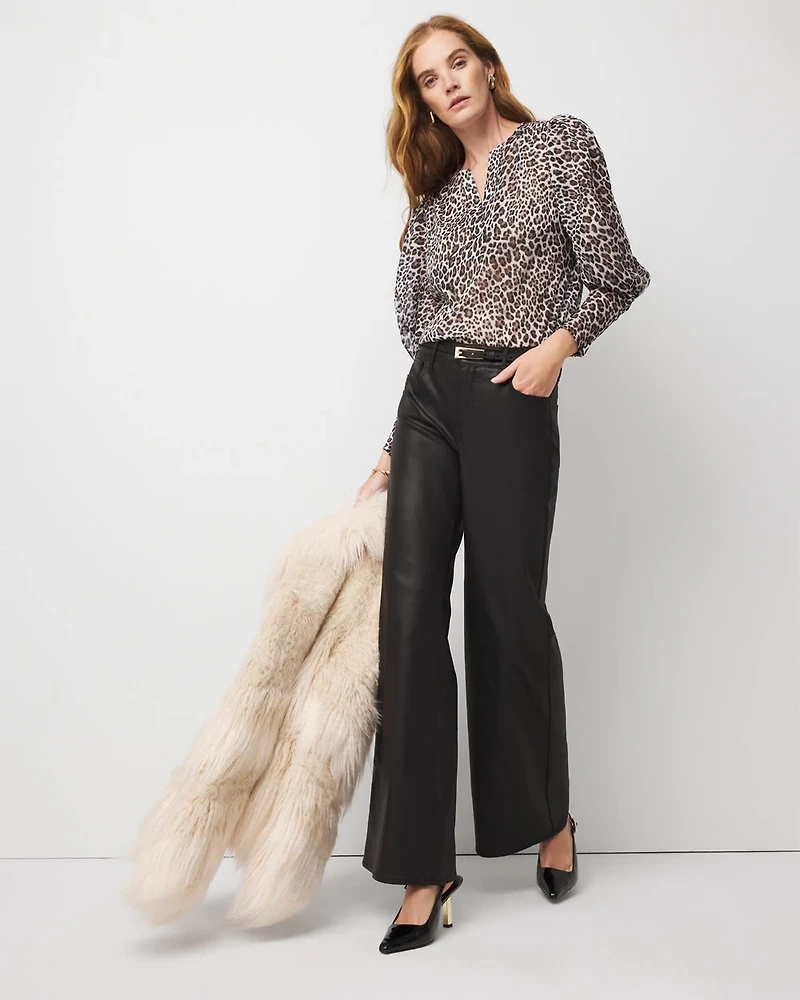 Leopard Jacquard Pleat Sleeve Blouse