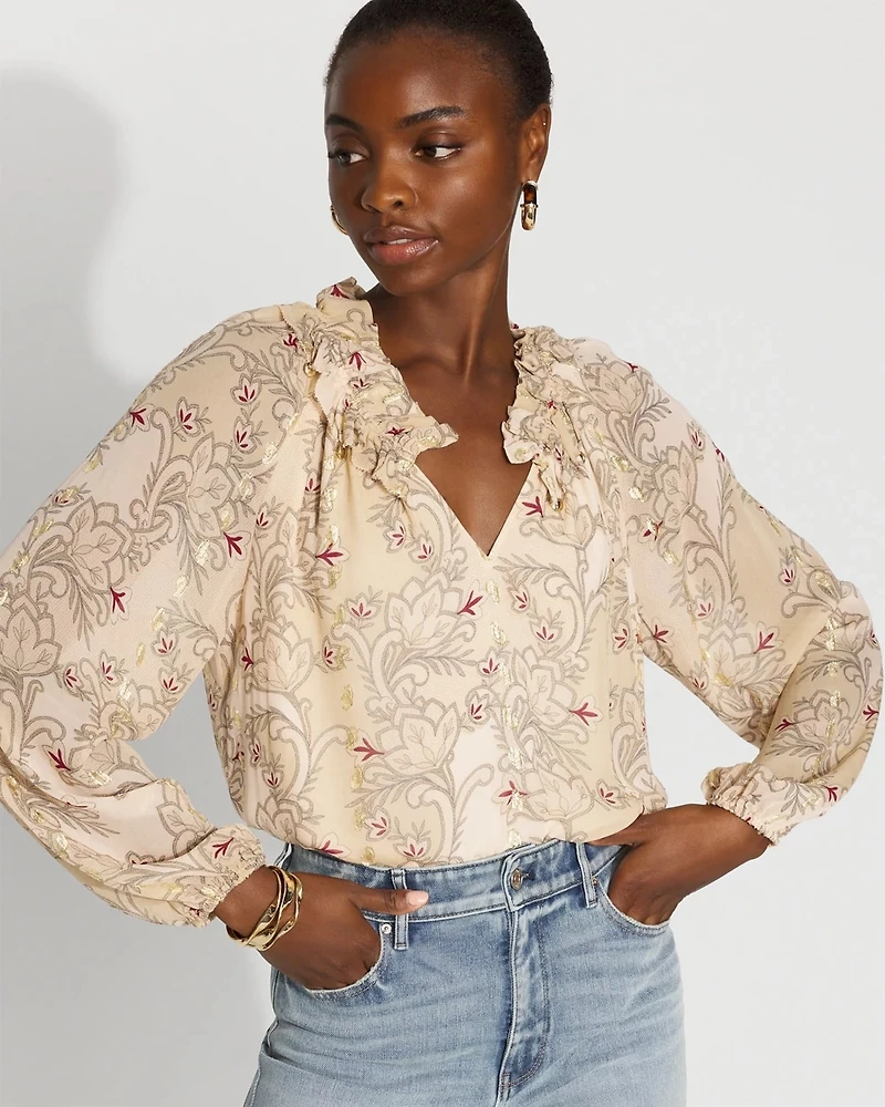 Floral Ruffle Neck Blouse with Gold Clip