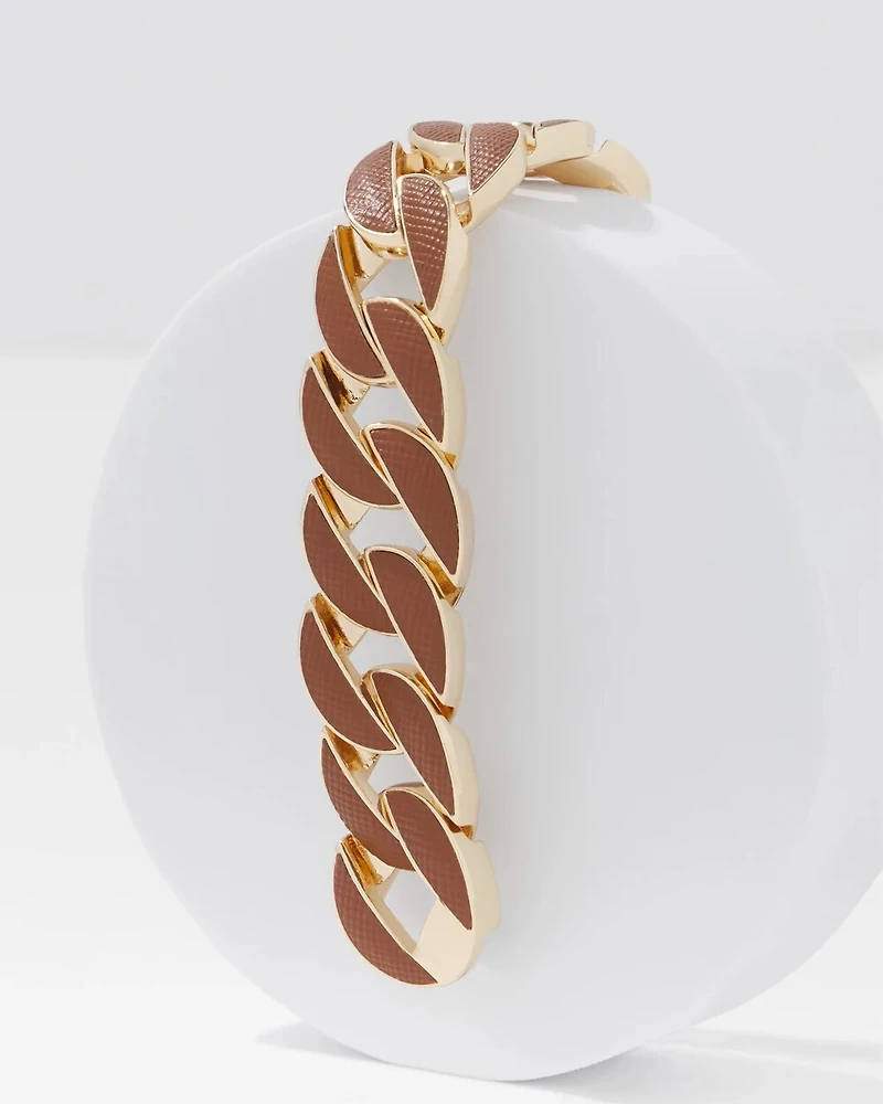 Cognac Textured Leather Link Bracelet