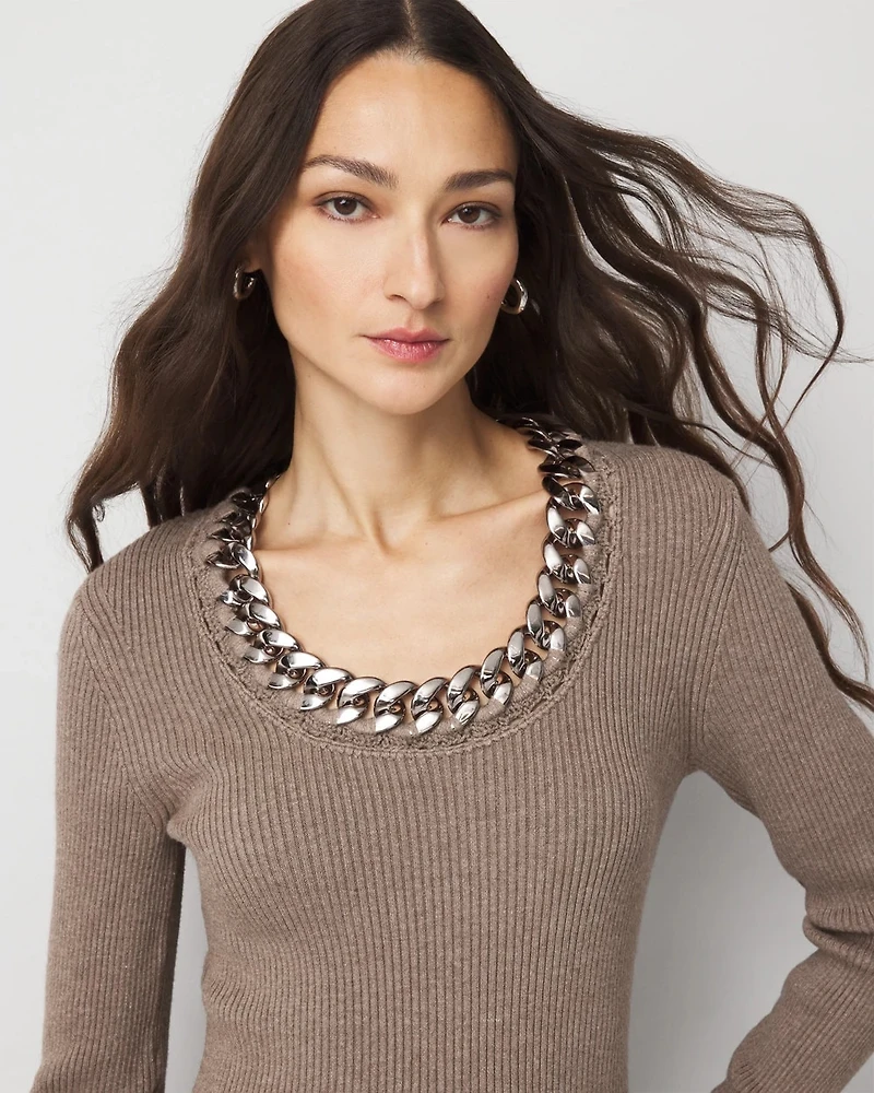 Chain-Trim Pullover Sweater