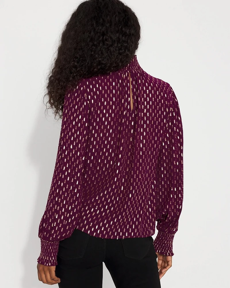 Jacquard + Gold Clip Mock Neck Blouse