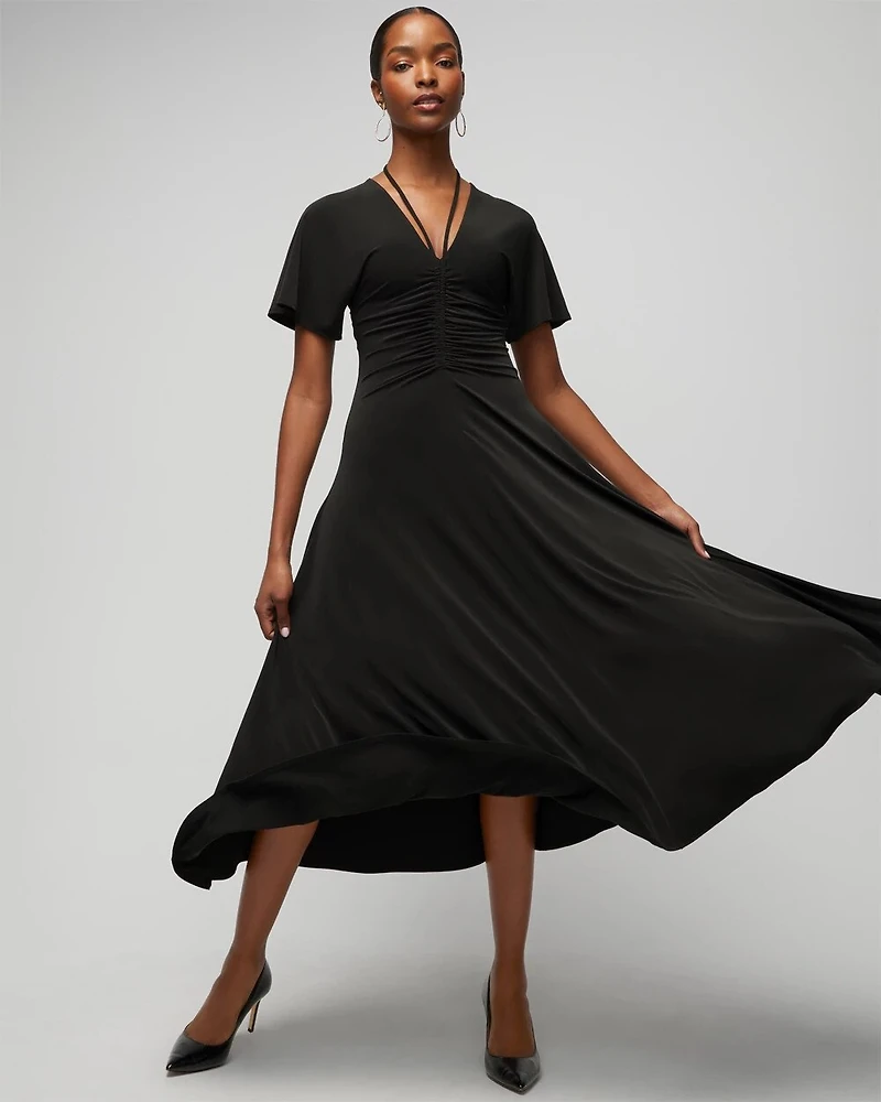 Short-Sleeve Ruched Front Midi Dress