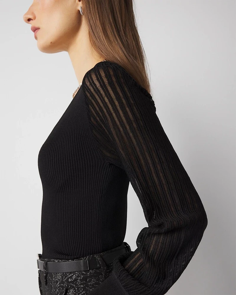 Sheer Sleeve V-Neck Sweater