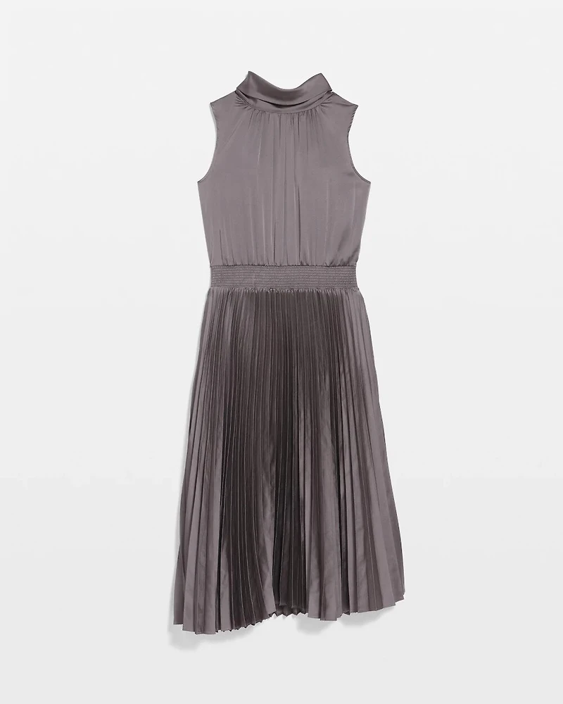 Tie-Neck Pleated Midi Dress