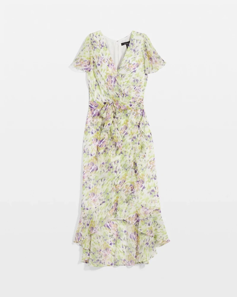 Short Sleeve Flutter Wrap Midi Dress