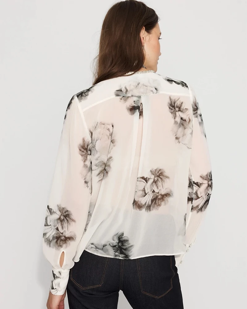 Petite Floral Tie-Neck Chiffon Blouse