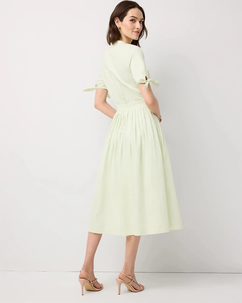 Tie-Sleeve Pleated Midi Dress