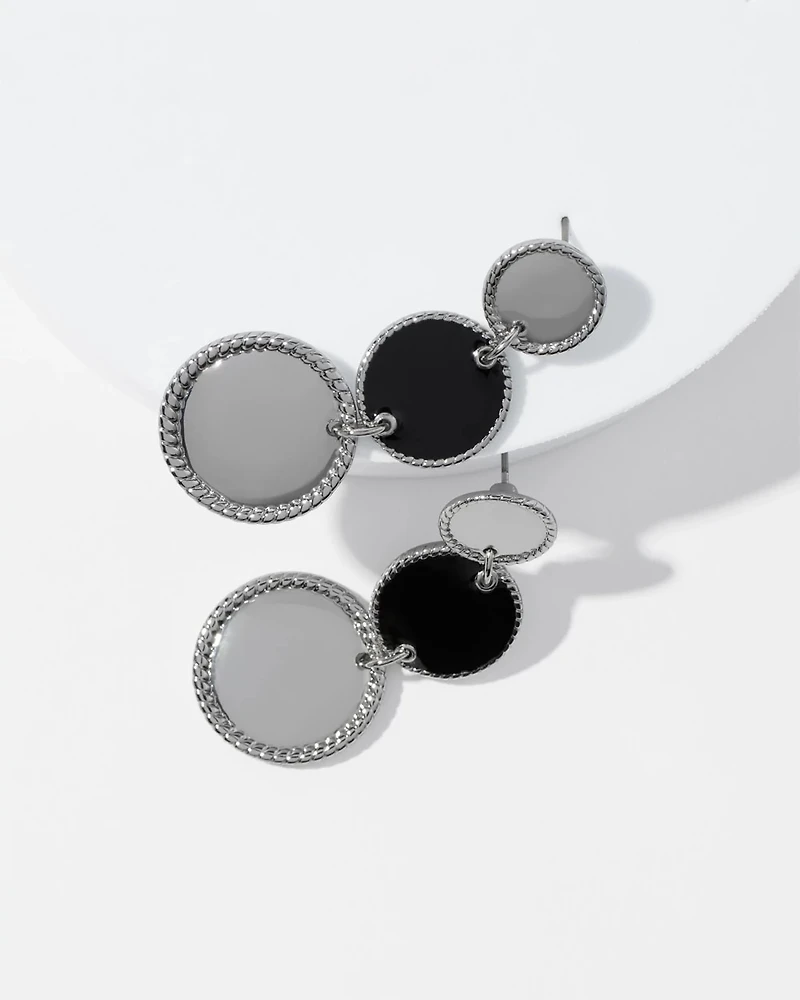 Silver + Black Disc Drop Earrings