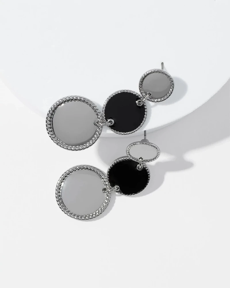Silver + Black Disc Drop Earrings