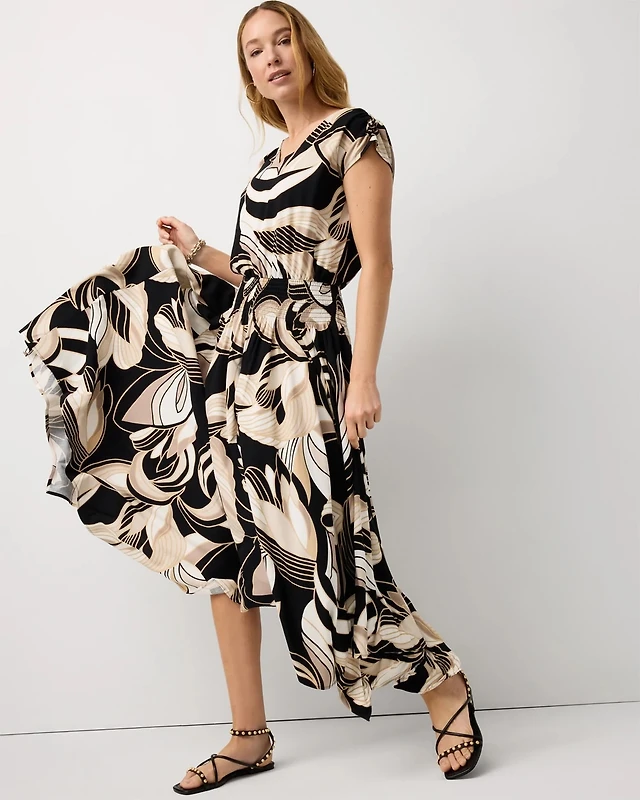 Kensie Short Sleeve Smocked Waist A-Line Midi Dress