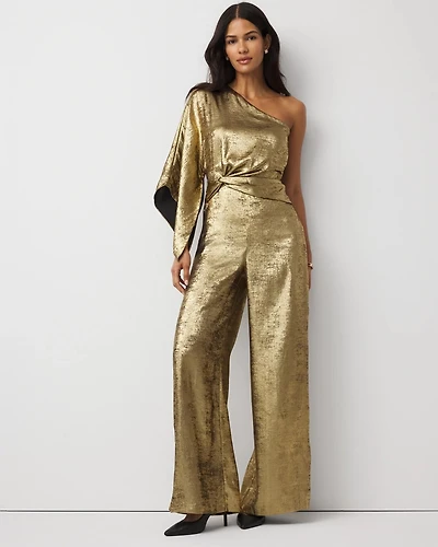 One-Shoulder Metallic Chiffon Jumpsuit