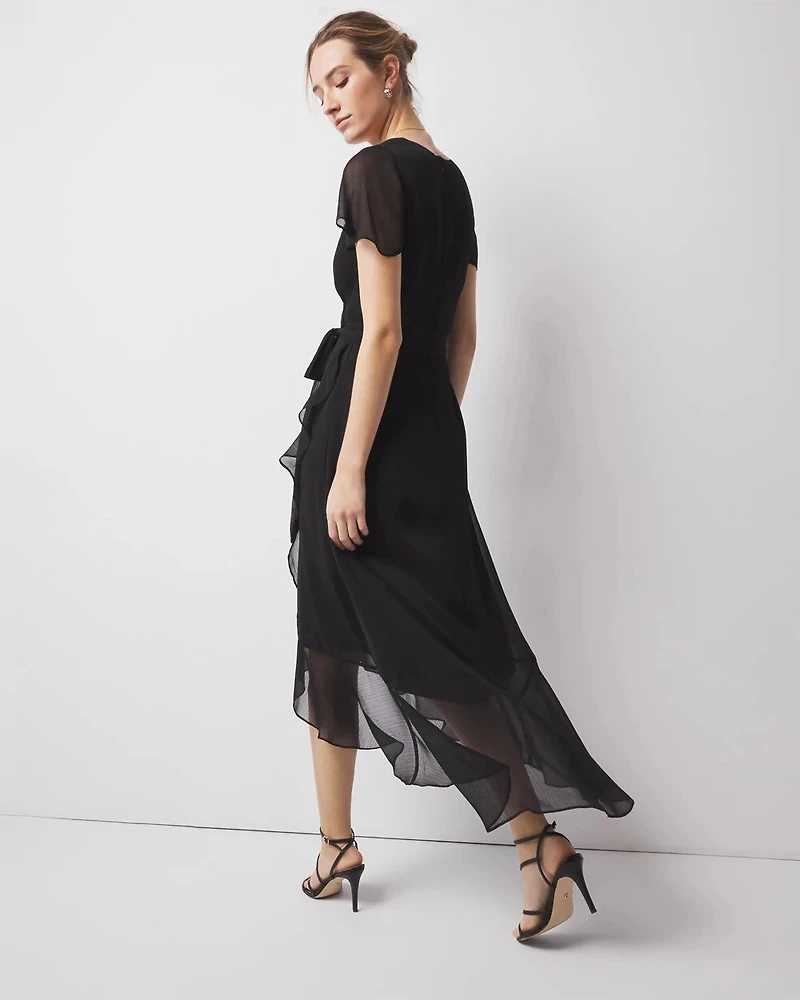 Short Sleeve Flutter Wrap Midi Dress