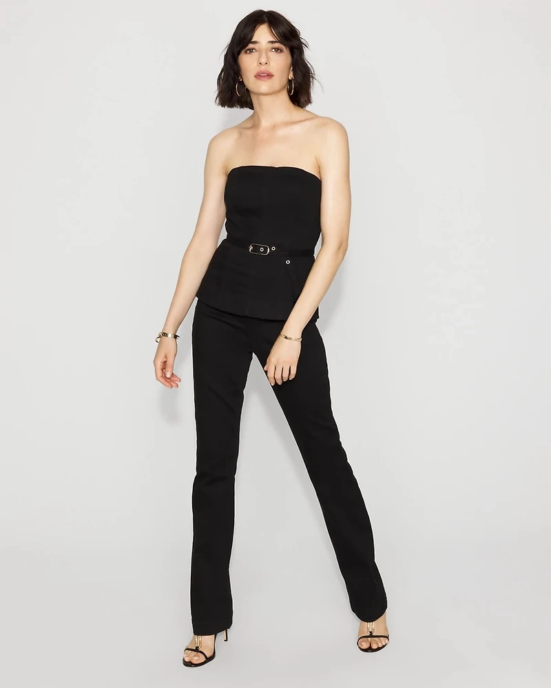 Petite Strapless Denim Boot Jumpsuit