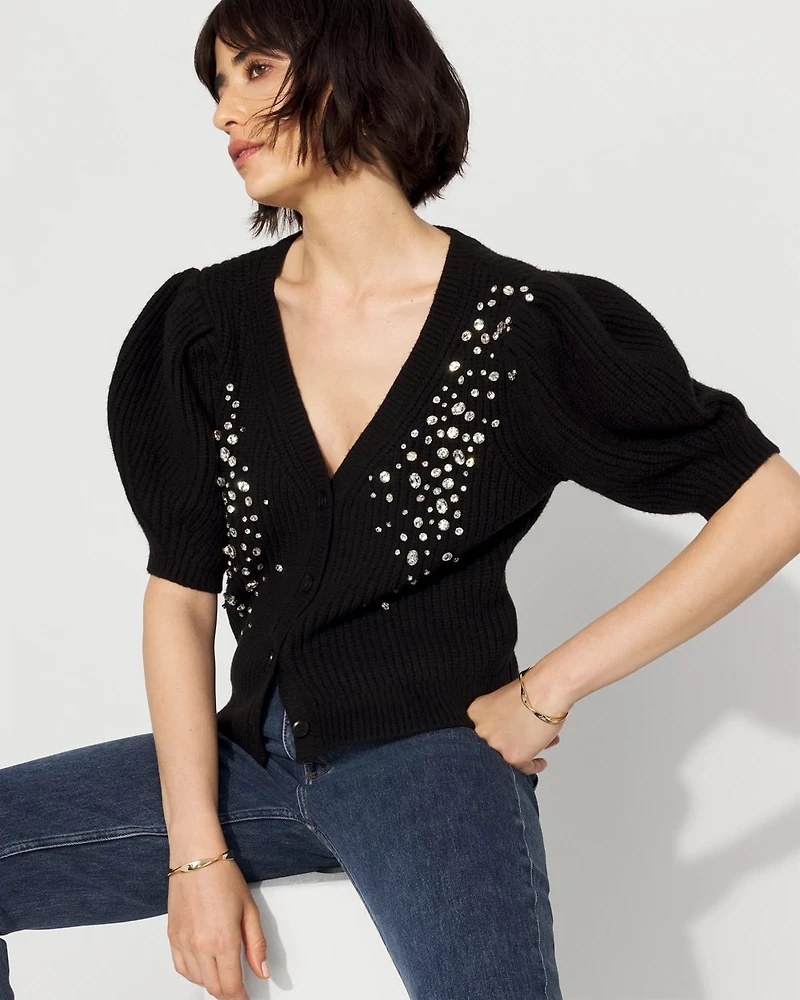 Embellished Puff Sleeve Button-Front Cardigan