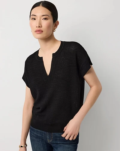 Petite Metallic Stitch Short Sleeve Pullover