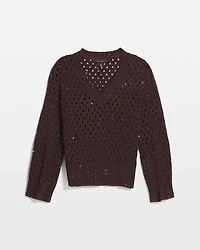 Petite V-Neck Open Stitch Sequin Sweater