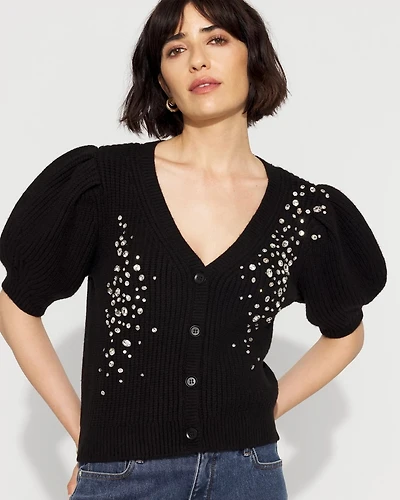 Embellished Puff Sleeve Button-Front Cardigan