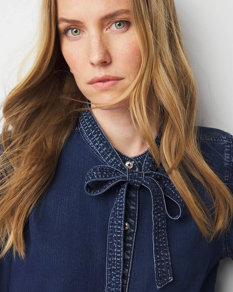 Tie-Neck Denim Shirt