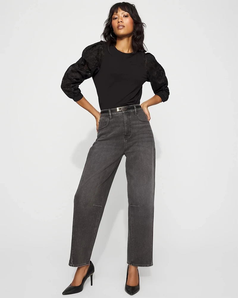Pleated Lace Sleeve Crewneck Tee