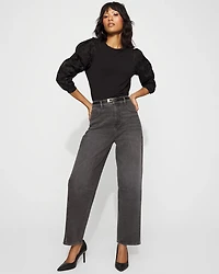 Pleated Lace Sleeve Crewneck Tee
