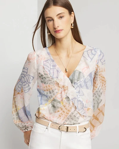 Long Sleeve V-Neck Ruffle Front Blouse