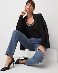 Faux Pearl Scoop Neck Rib-Knit Tee