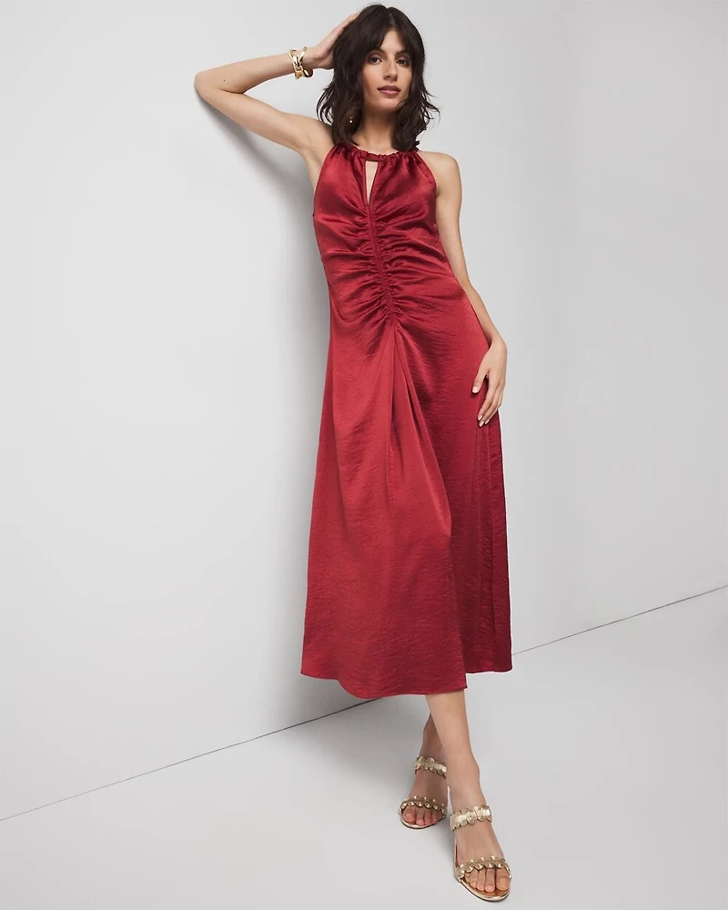 Petite Satin Halter Ruched Midi Dress
