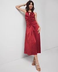 Petite Satin Halter Ruched Midi Dress
