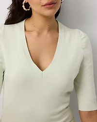 Ruched Sleeve V-neck Pullover