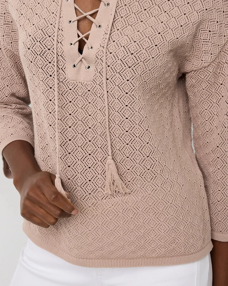 Lace-Up Notch Neck Pullover