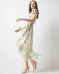 Short Sleeve Flutter Wrap Midi Dress