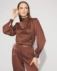Petite Mock Neck Satin Jacquard Blouse