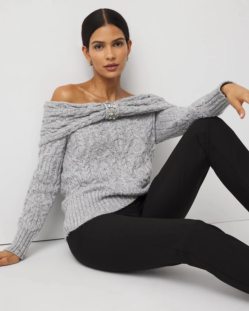 Off-The-Shoulder Rhinestone Cable Knit Sweater