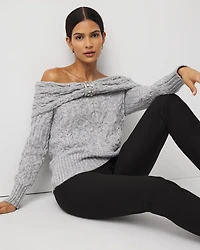 Off-The-Shoulder Rhinestone Cable Knit Sweater
