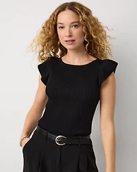 Flutter Sleeve Ribbed Pullover Sweater