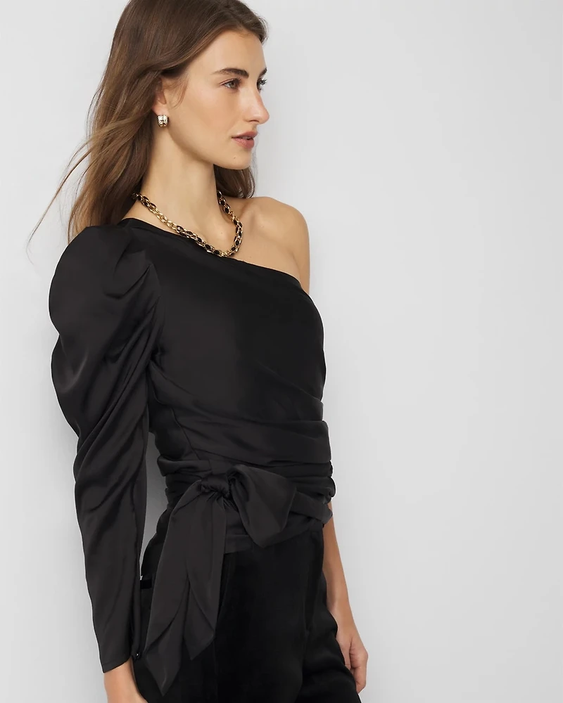 One-Shoulder Tie-Waist Satin Blouse