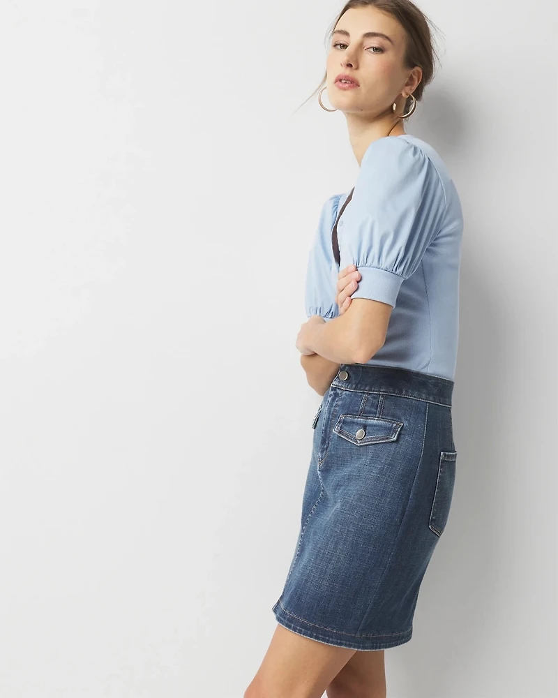 Poplin Puff-Sleeve Henley Top