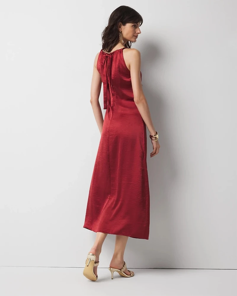 Petite Satin Halter Ruched Midi Dress